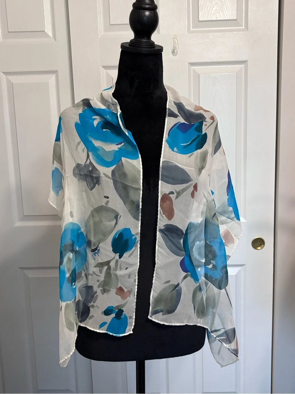 Artist Signed Watercolor Floral Sheer Chiffon Scarf Blue Gray White Oblong Wrap